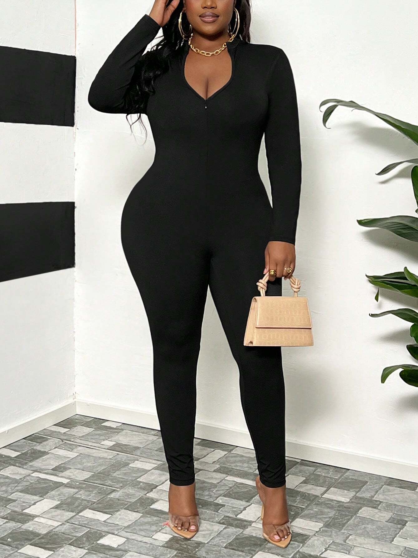 Slayr Plus Size Women'S Streetwear & Everyday & Casual Jumpsuit, Slim-Fit Solid Black, Deep V-Neck with Half Zipper, Moisture-Wicking & Quick-Drying Fabric, Long Length, Autumn & Winter