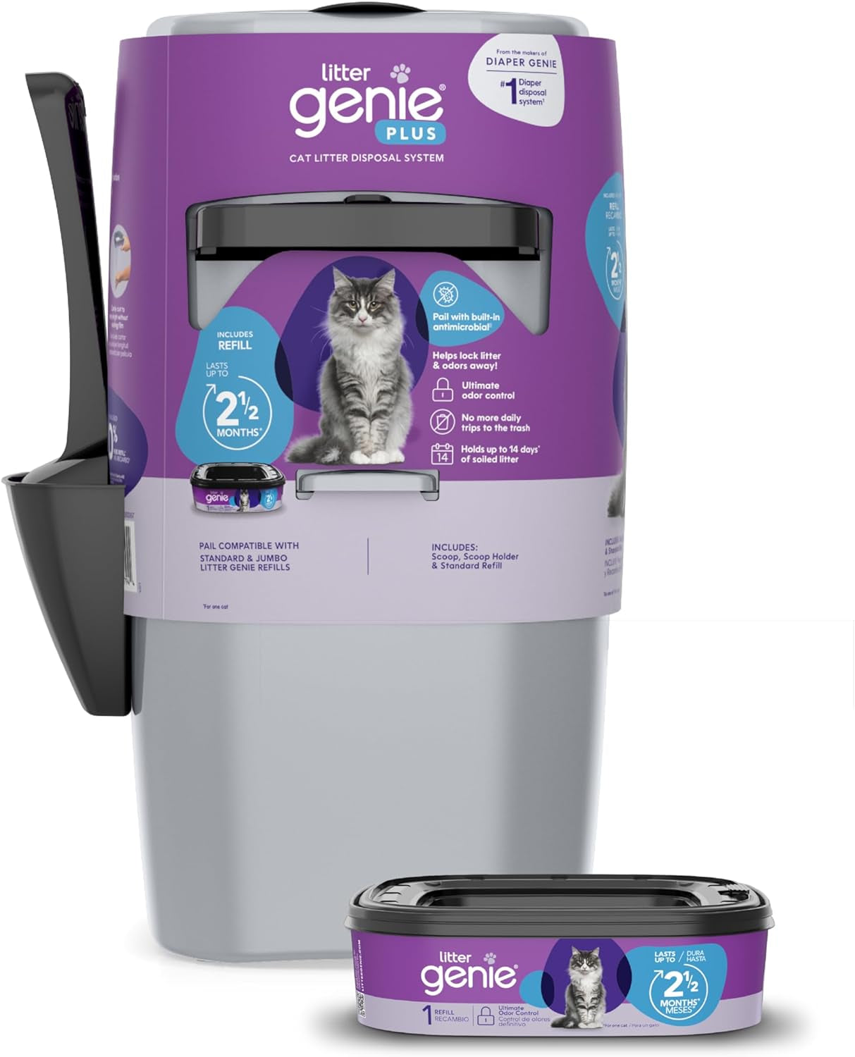 plus Pail (Silver) | Cat Litter Box Waste Disposal System for Odor Control | Includes 1 Square Refill Bag