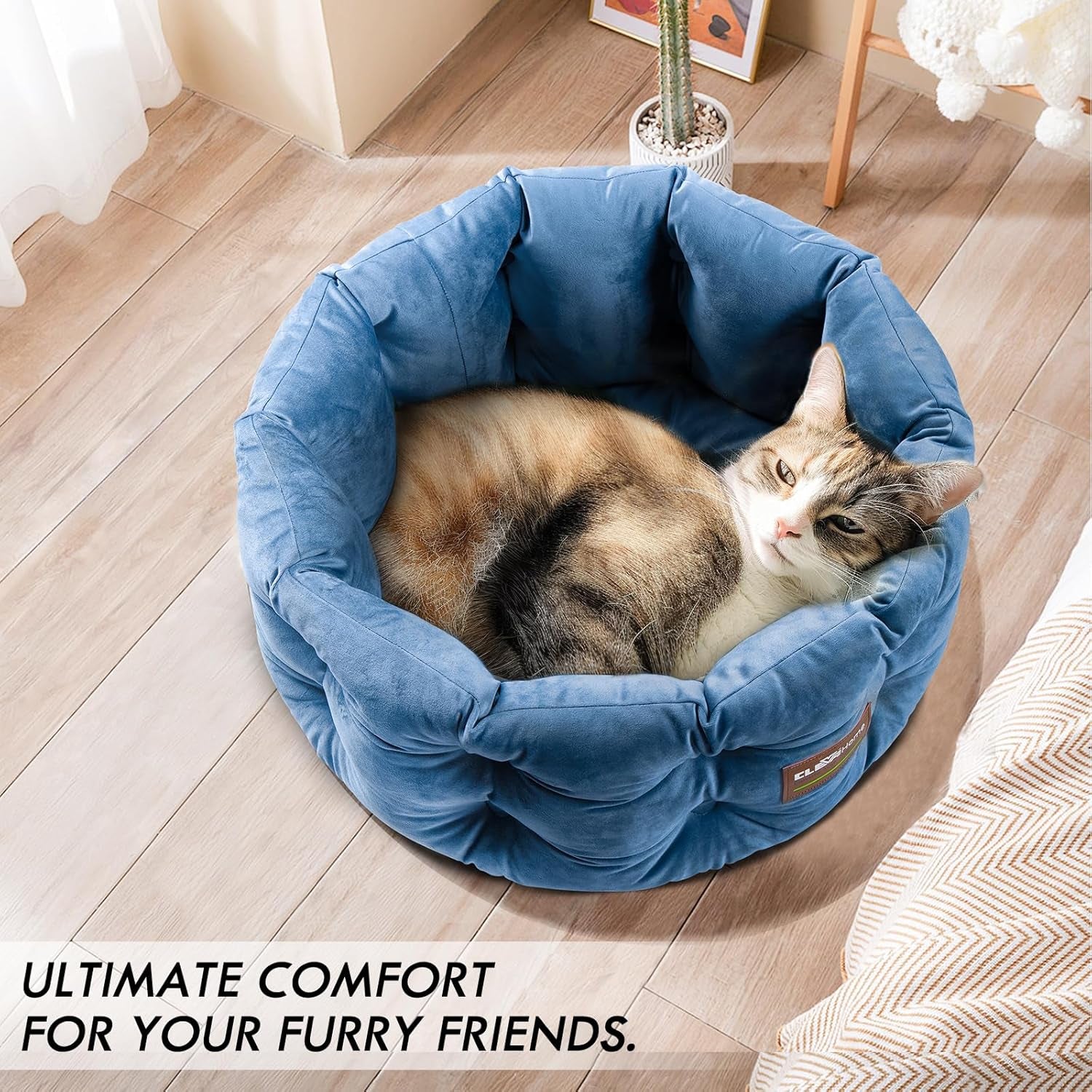 home Deep Nest Cat Bed for Small Pets up to 15Lbs - round Cat Beds for Indoor Cats, Luxurious Velvet Feel, Extra High Sides, Machine Washable Comfort Pet Bed with Non-Slip Bottom (Steel Blue)