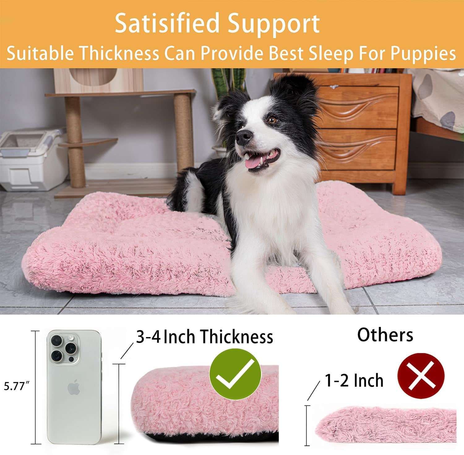 Dog Beds Crate Pad for Medium, Large Dogs, Deluxe Rose Plush Cat Sleeping Mats, Fits Crate Kennel Cage, Anti-Slip Pets Pillow, Washable Ultra Soft Fluffy Dog Bed for Crate (35"X23"Pink)