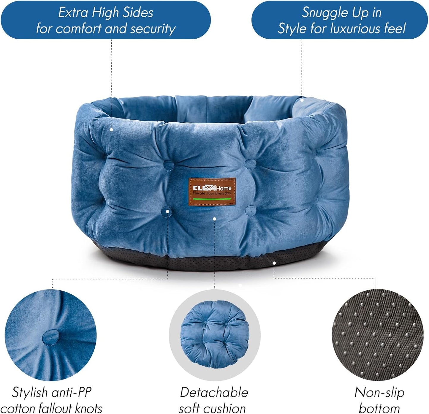 home Deep Nest Cat Bed for Small Pets up to 15Lbs - round Cat Beds for Indoor Cats, Luxurious Velvet Feel, Extra High Sides, Machine Washable Comfort Pet Bed with Non-Slip Bottom (Steel Blue)