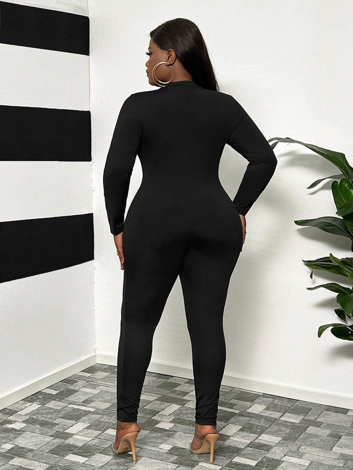 Slayr Plus Size Women'S Streetwear & Everyday & Casual Jumpsuit, Slim-Fit Solid Black, Deep V-Neck with Half Zipper, Moisture-Wicking & Quick-Drying Fabric, Long Length, Autumn & Winter