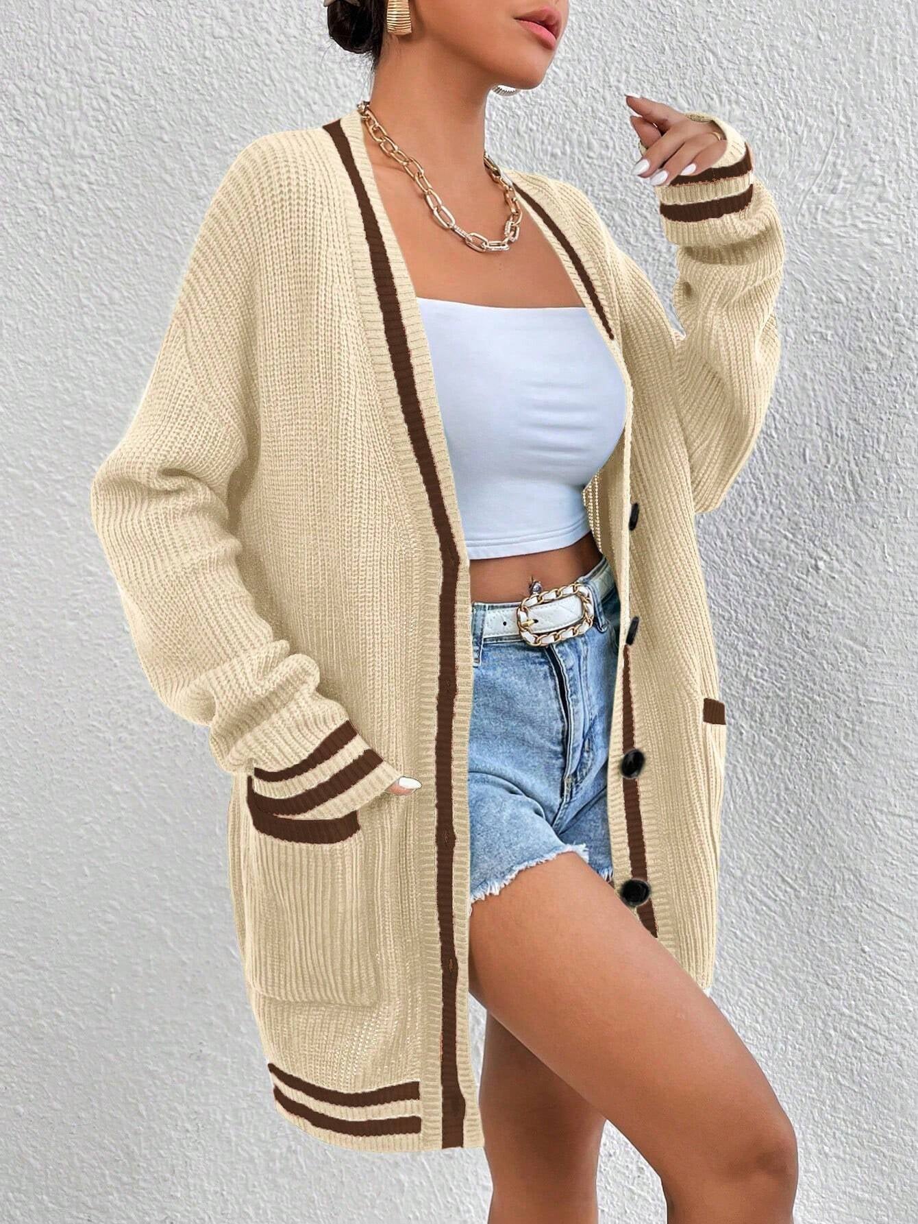 Essnce Women's Color-Blocked Simple Daily Long Sleeve Cardigan