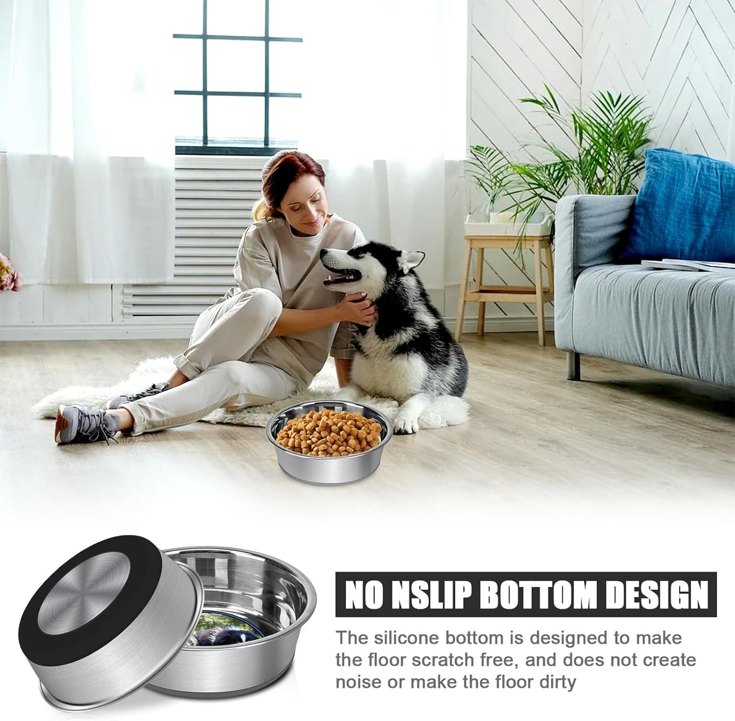 Grehge Steel Anti-Slip Dog Bowls,Non-Slip Stainless Steel Pet Bowl with Foot Mat - Perfect for Mess-Free Mealtime,Quiet Pet Bowls for Cats and Dogs, Dry and Wet Foods,5.5In Single Pack